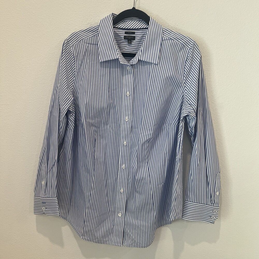 Talbots Shirt Womens 14W Blue White Stripes Casual Workwear Office Travel Job